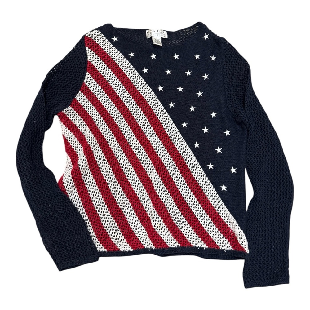 Vintage Americana Stars & Stripes Open Knit Slouchy Sweater Coastal Prep